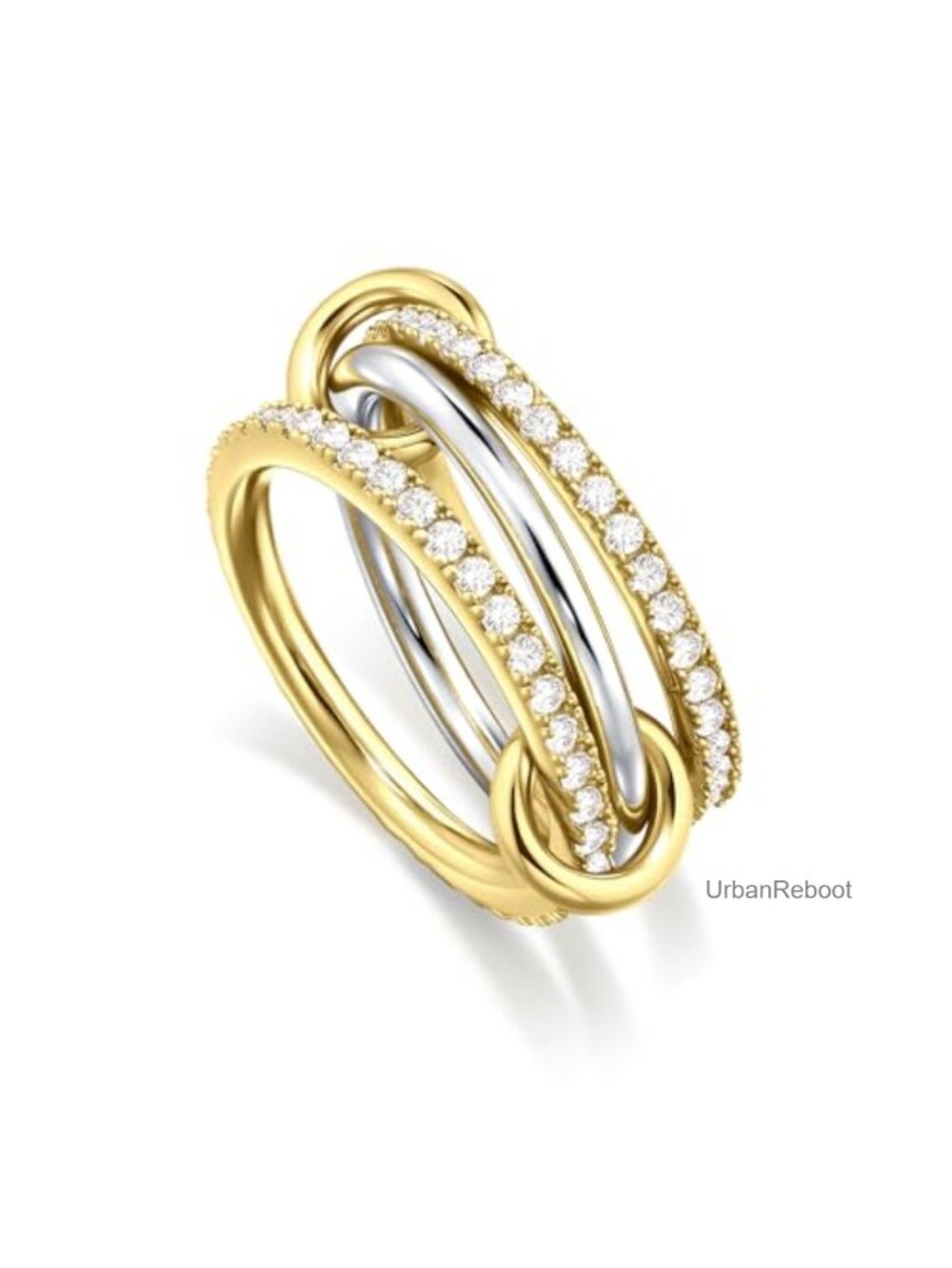 14K Gold Plated Stackable Rings, 3 CZ Ring Set, Multi-Link Interlocking Band,